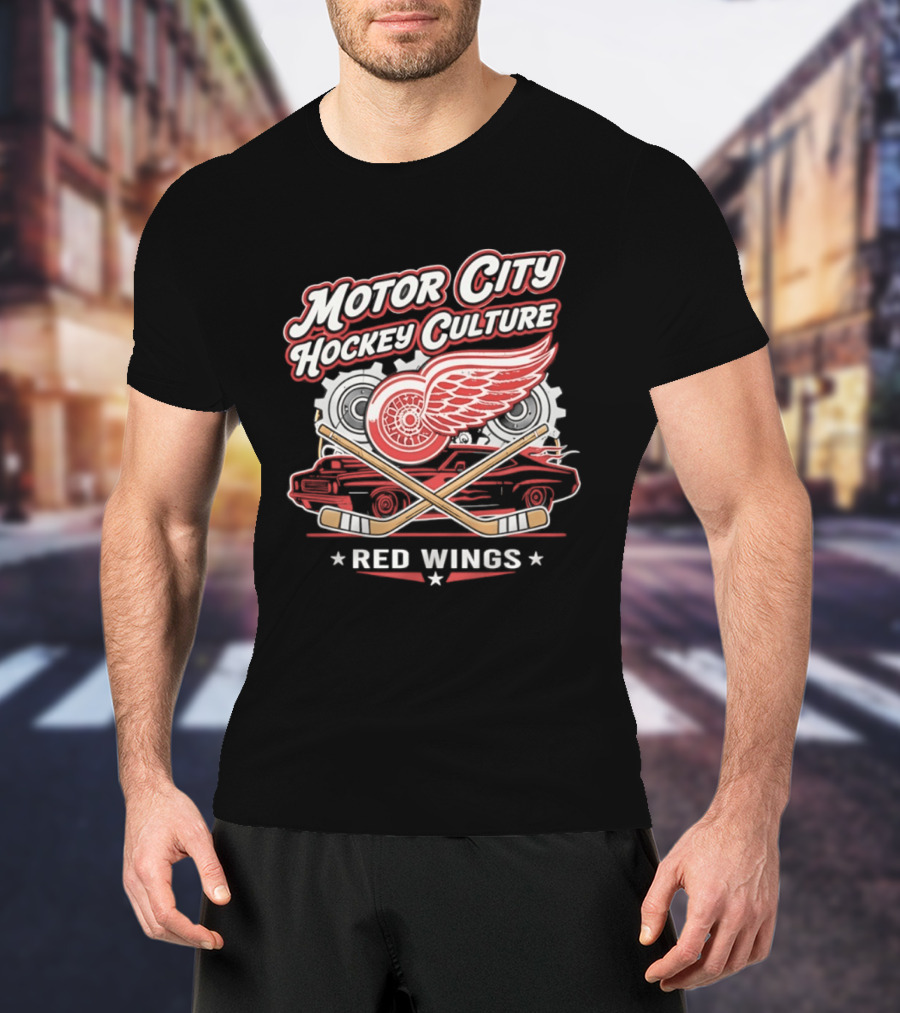 Motor City Hockey Culture Red Wings NHL Classic Logo And Car T-Shirt
