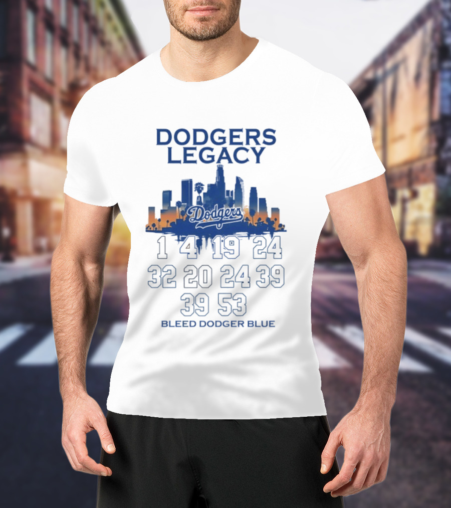 Dodgers Legacy 1 4 19 24 32 20 24 39 39 53 Bleed Dodger Blue Skyline Dodgers T-Shirt