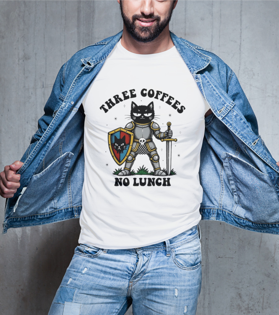 Three Coffees No Lunch Black Cat Armored Knight Shield T-Shirt