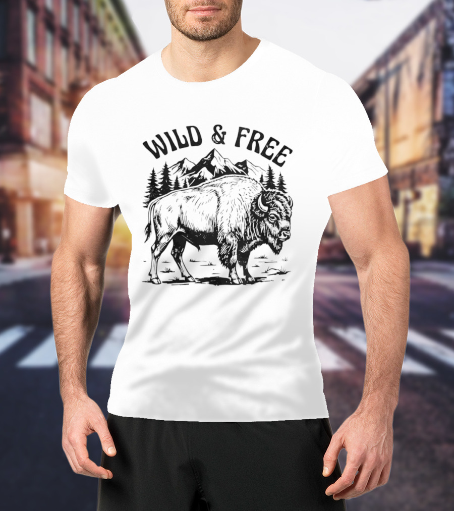 Wild And Free Bison With Mountain And Forest Scene T-Shirt