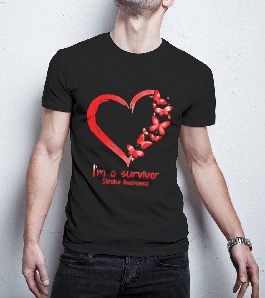 I'm A Survivor Stroke Awareness Heart And Red Butterflies T-Shirt