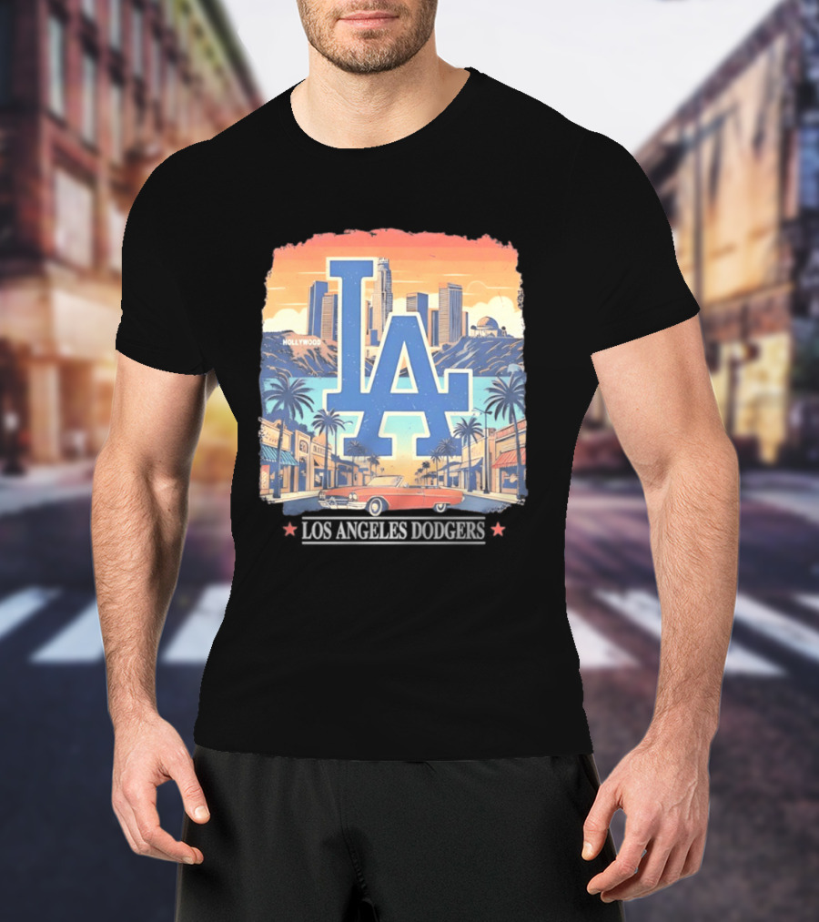 Los Angeles Dodgers LA Hollywood Skyline Classic Car T-Shirt