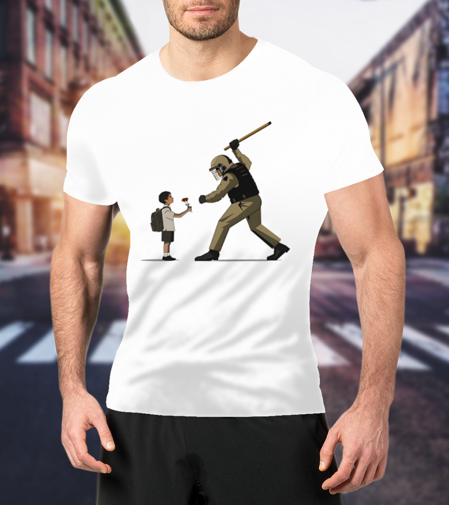Bloom Under Fire: Child Offering Flower To Armed Officer T-Shirt