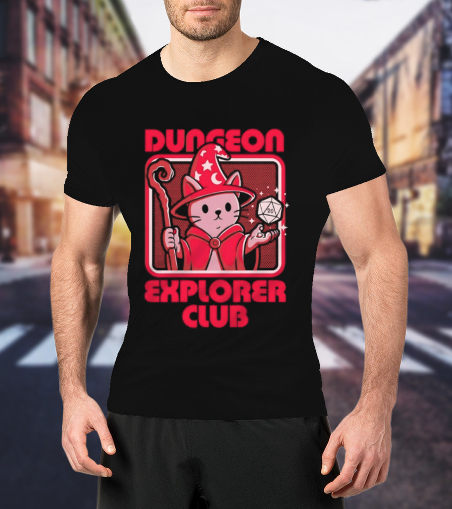 Dungeon Explorer Club Wizard Cat With D20 Dice Magic Wand T-Shirt
