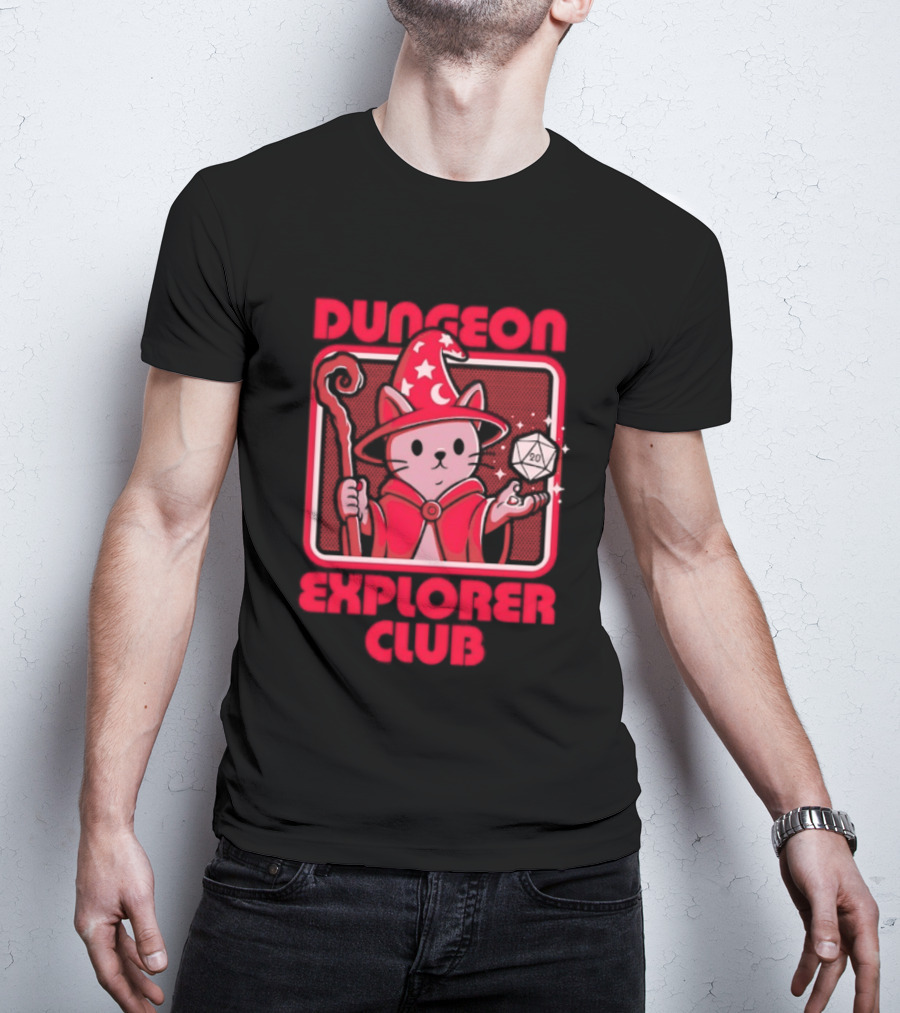 Dungeon Explorer Club Wizard Cat With D20 Dice Magic Wand T-Shirt