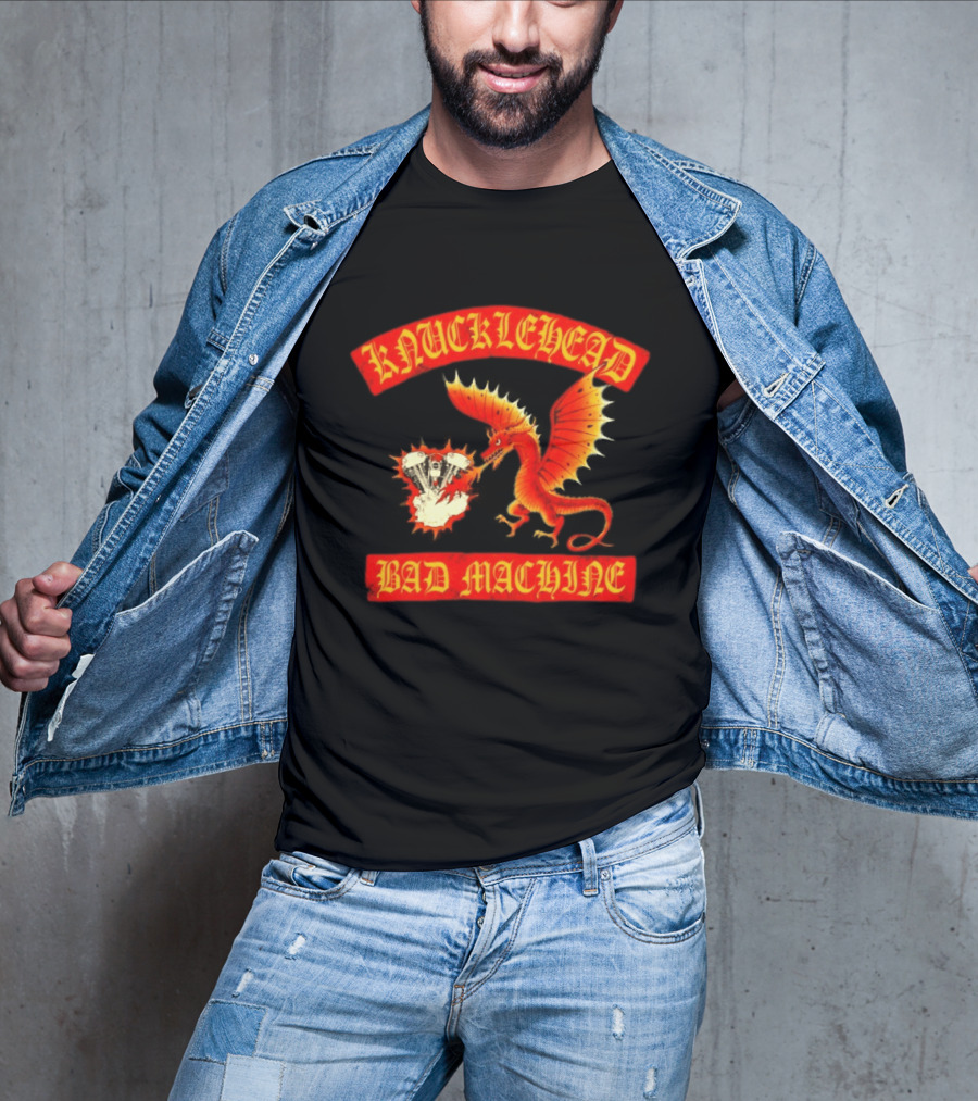 Knucklehead Bad Machine Dragon Motorcycle Engine Fire Breathing T-Shirt