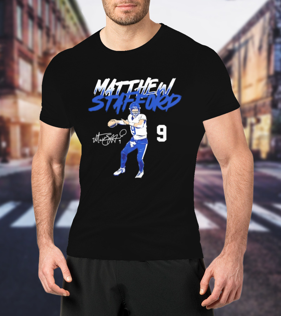 Matthew Stafford 9 Autograph Los Angeles Rams Quarterback Action Pose T-Shirt