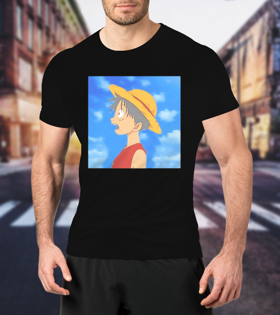 Monkey D Luffy Sky Gazing Red Vest Yellow Straw Hat Anime Scene Clouds Blue Sky T-Shirt