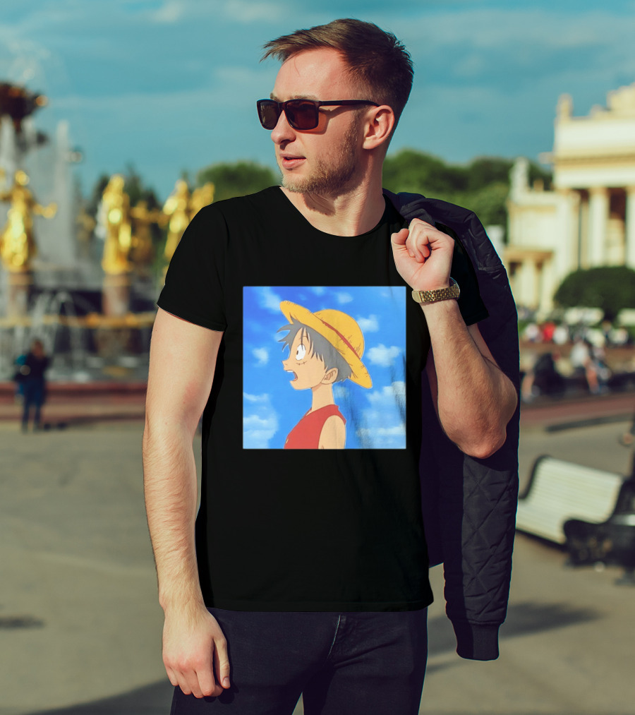 Monkey D Luffy Sky Gazing Red Vest Yellow Straw Hat Anime Scene Clouds Blue Sky T-Shirt