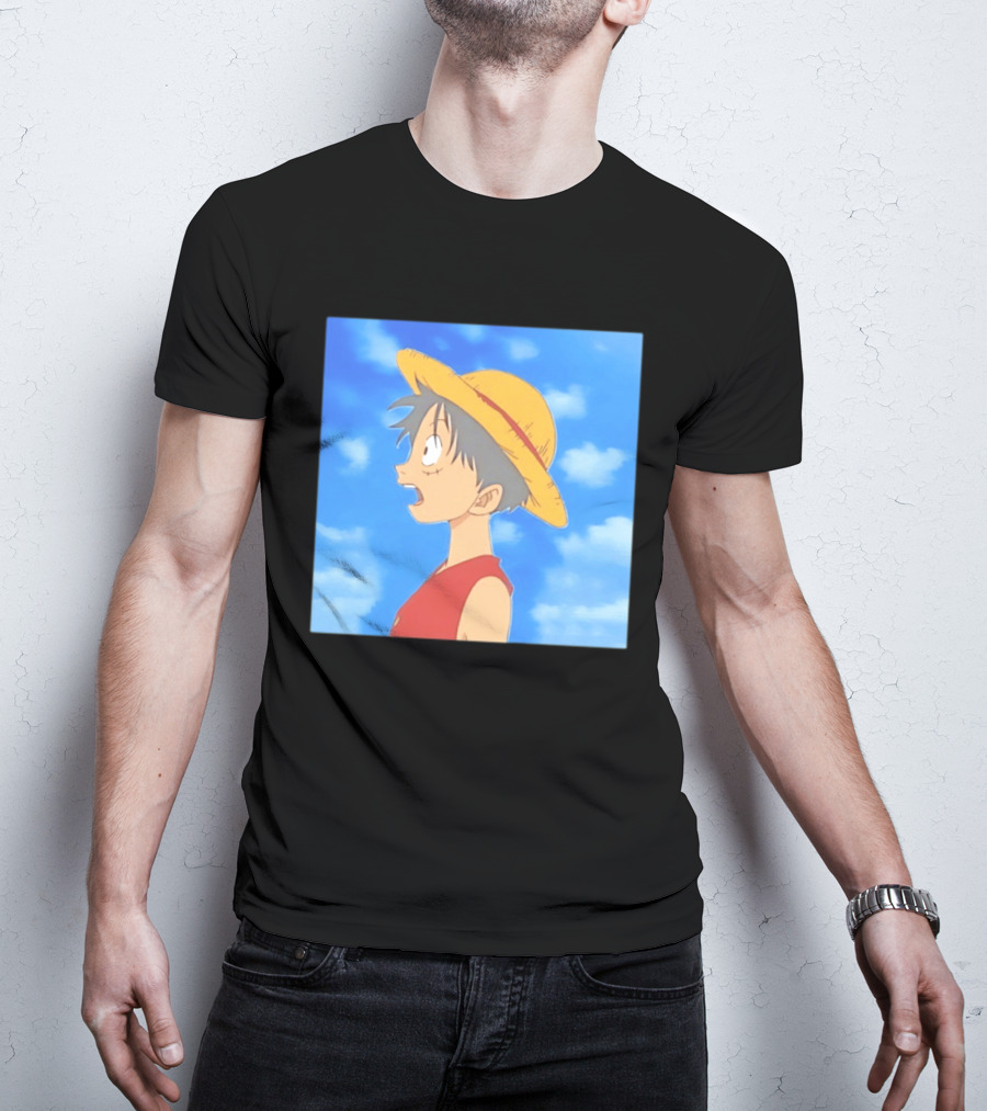 Monkey D Luffy Sky Gazing Red Vest Yellow Straw Hat Anime Scene Clouds Blue Sky T-Shirt
