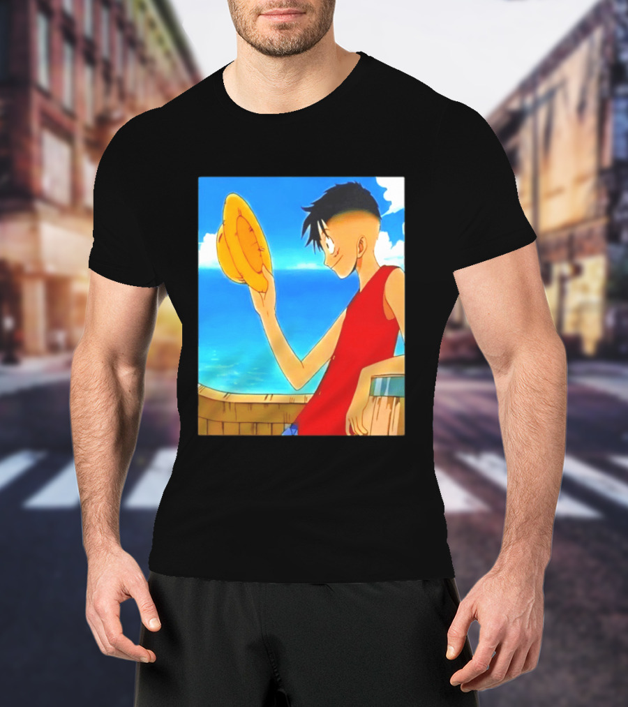 One Piece Luffy Taper Fade Anime Manga Straw Hat Ocean Scene T-Shirt