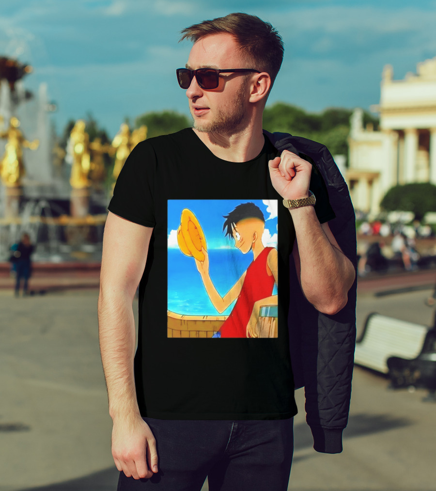 One Piece Luffy Taper Fade Anime Manga Straw Hat Ocean Scene T-Shirt