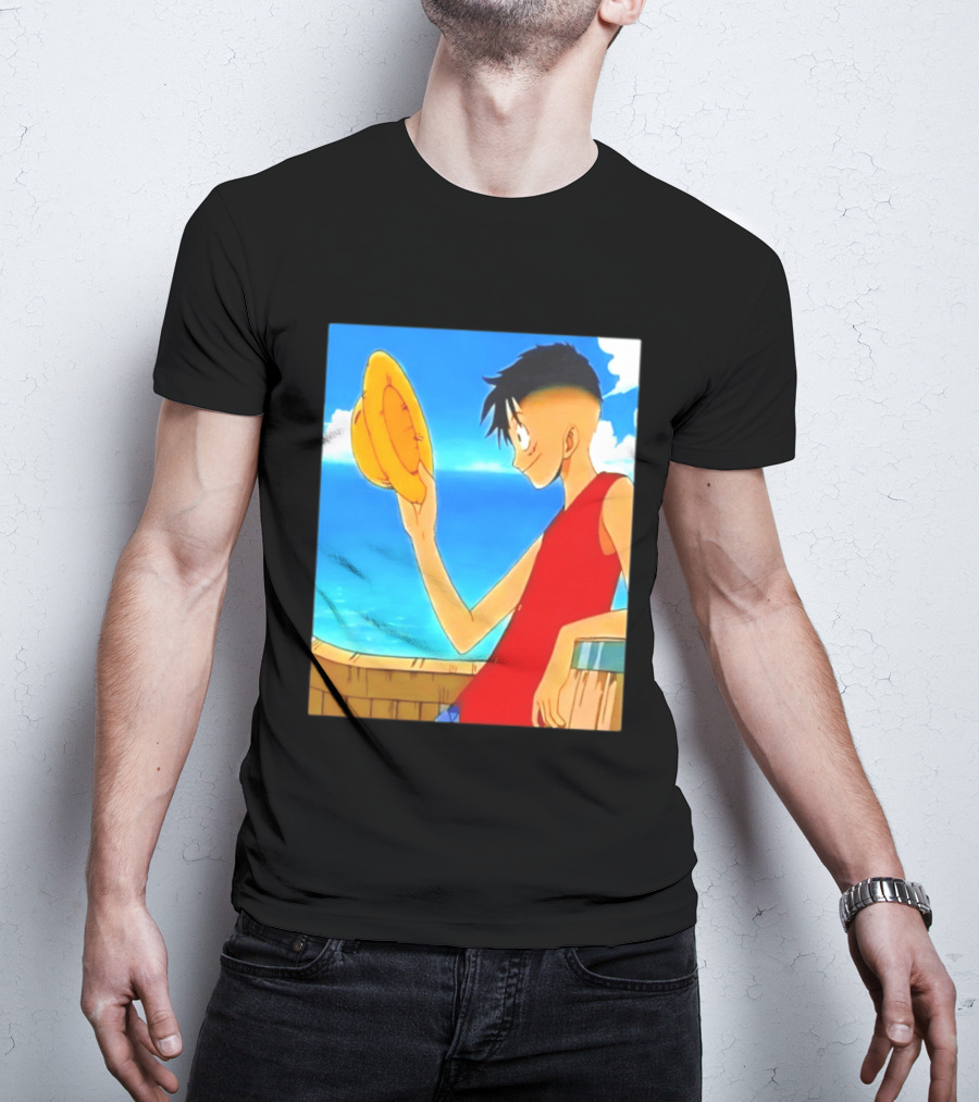 One Piece Luffy Taper Fade Anime Manga Straw Hat Ocean Scene T-Shirt