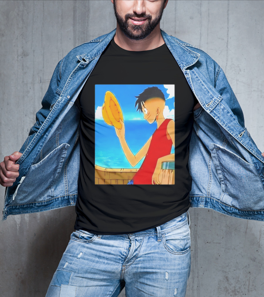 One Piece Luffy Taper Fade Anime Manga Straw Hat Ocean Scene T-Shirt