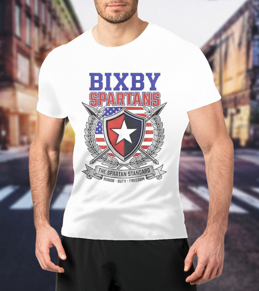 Bixby Spartans Honor Duty Freedom American Flag Shield T-Shirt