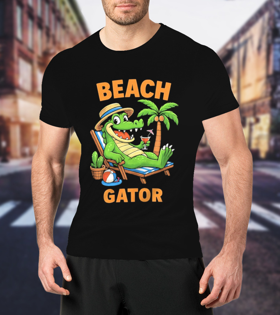 Beach Gator Tropical Alligator Vacation Relaxing With Cocktail Palm Tree T-Shirt