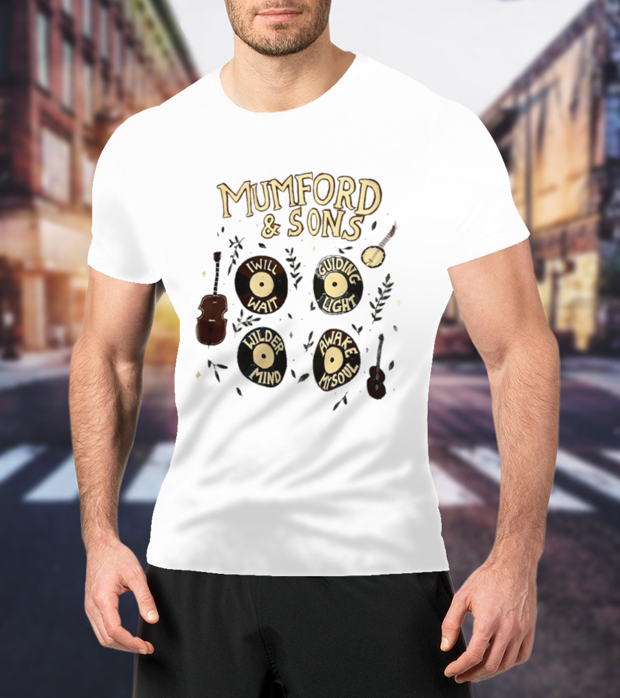 Mumford And Sons I Will Wait Guiding Light Wilder Mind Awake My Soul Vinyl Record Banjo Guitar T-Shirt