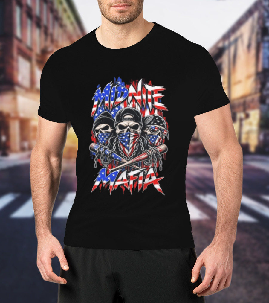 Midnite Mafia Skulls American Flag Bandanas Baseball Bats Chains T-Shirt