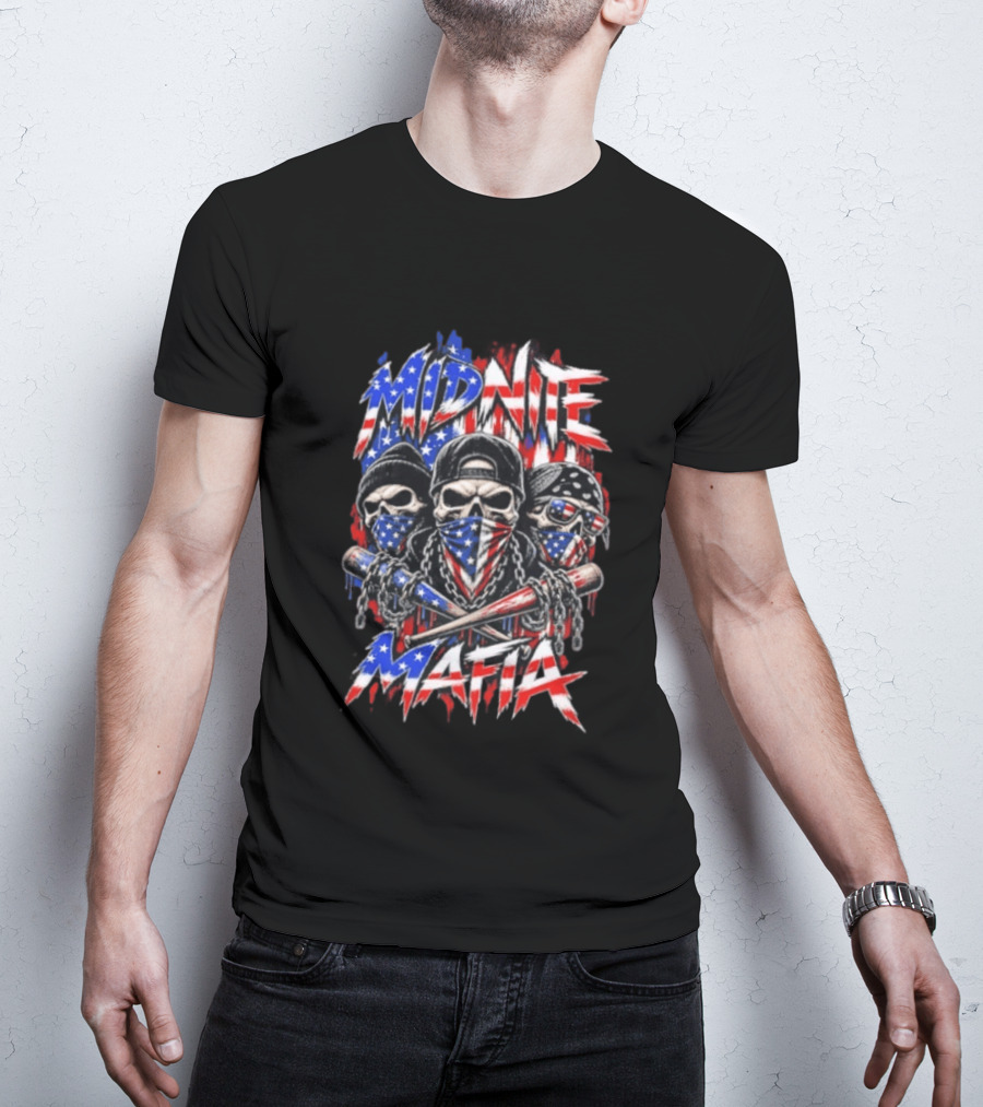 Midnite Mafia Skulls American Flag Bandanas Baseball Bats Chains T-Shirt