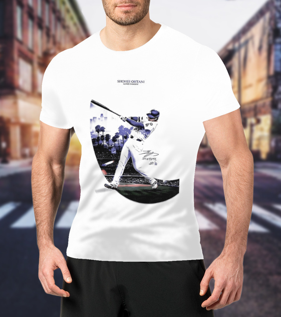Shohei Ohtani 17 Los Angeles Angels MLB Slugger Swing Two Sided T-Shirt