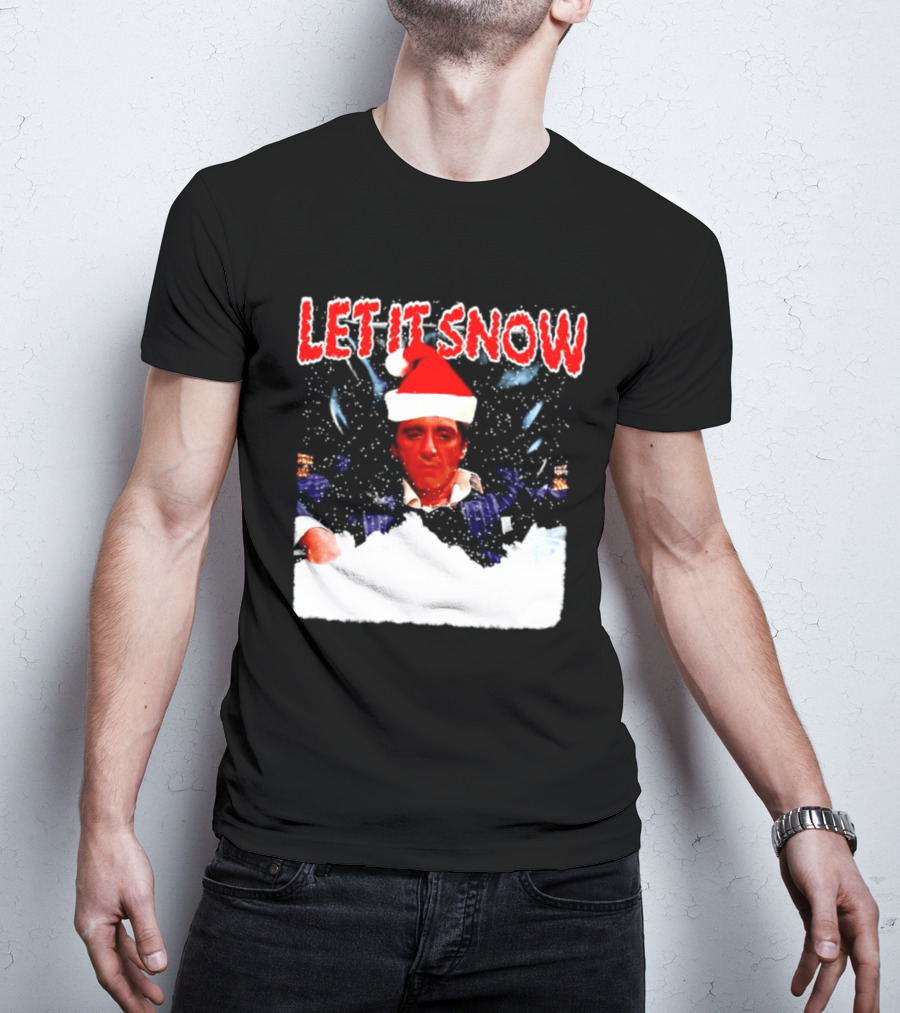 Let It Snow Al Pacino Scarface Tony Montana Snowflakes Santa Hat T-Shirt