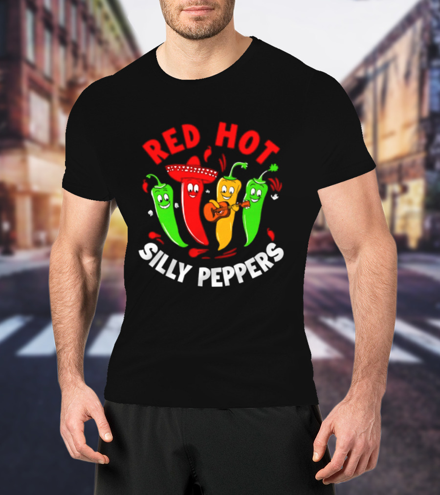 Red Hot Silly Peppers Band With Colorful Chili Cartoon Characters Playing Guitar T-Shirt