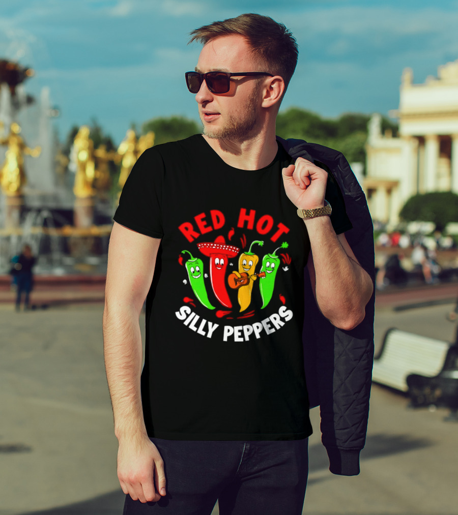 Red Hot Silly Peppers Band With Colorful Chili Cartoon Characters Playing Guitar T-Shirt