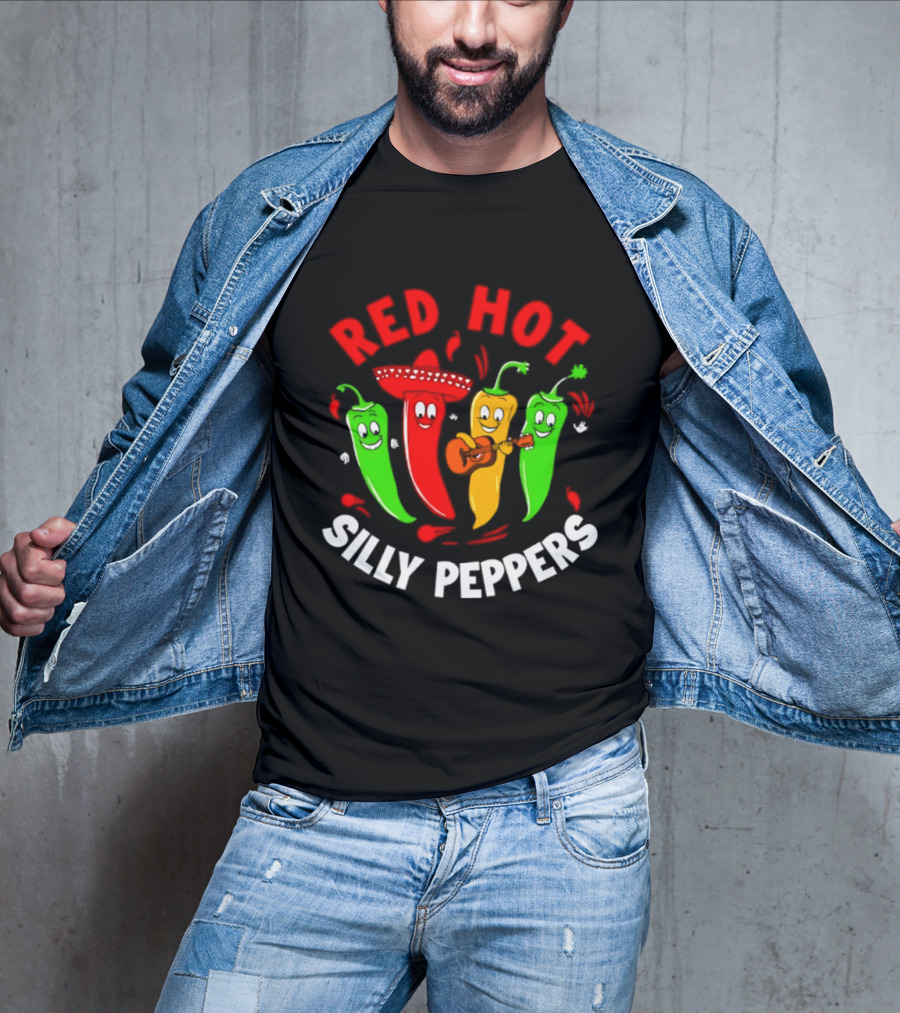 Red Hot Silly Peppers Band With Colorful Chili Cartoon Characters Playing Guitar T-Shirt