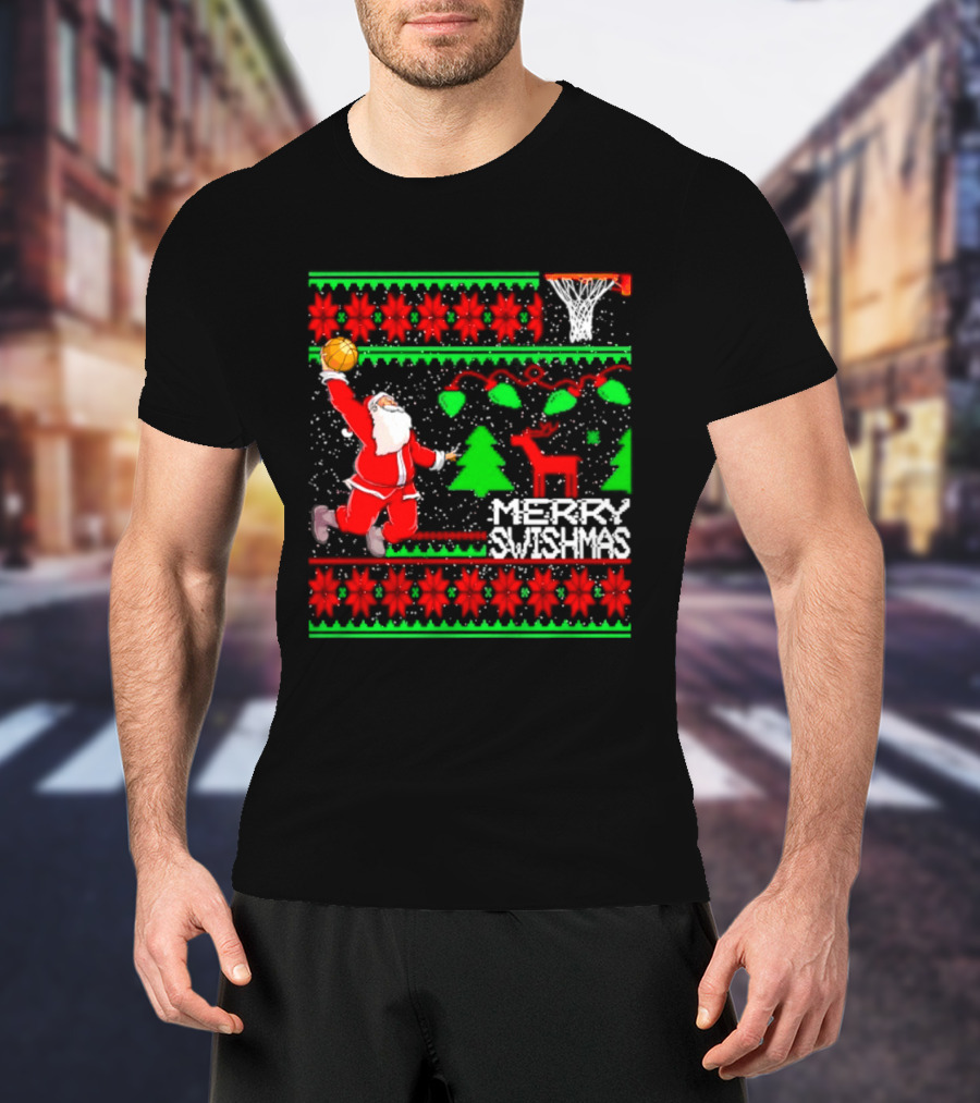 Santa Claus Dunking Basketball Ugly Christmas Sweater Merry Swishmas T-Shirt