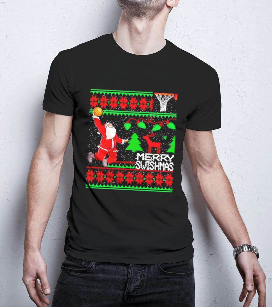 Santa Claus Dunking Basketball Ugly Christmas Sweater Merry Swishmas T-Shirt