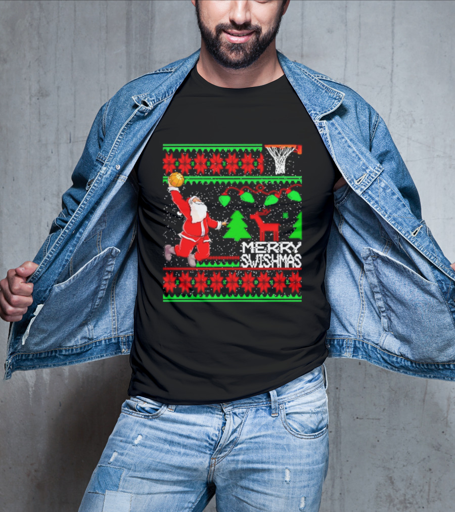 Santa Claus Dunking Basketball Ugly Christmas Sweater Merry Swishmas T-Shirt