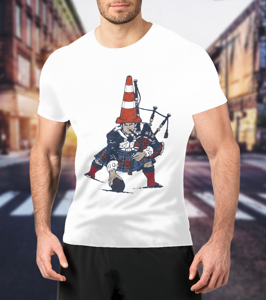 Bagpipes Player With Traffic Cone Hat Scottish Kilt Outfit T-Shirt