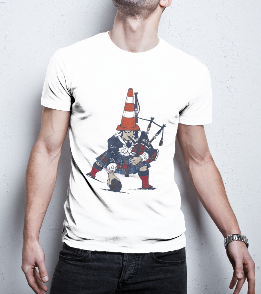 Bagpipes Player With Traffic Cone Hat Scottish Kilt Outfit T-Shirt