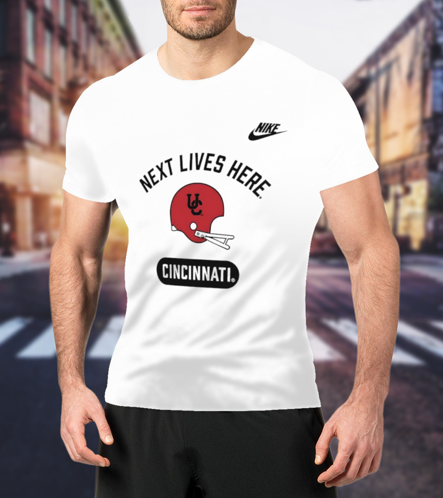Next Lives Here Cincinnati UC Football Helmet Nike T-Shirt