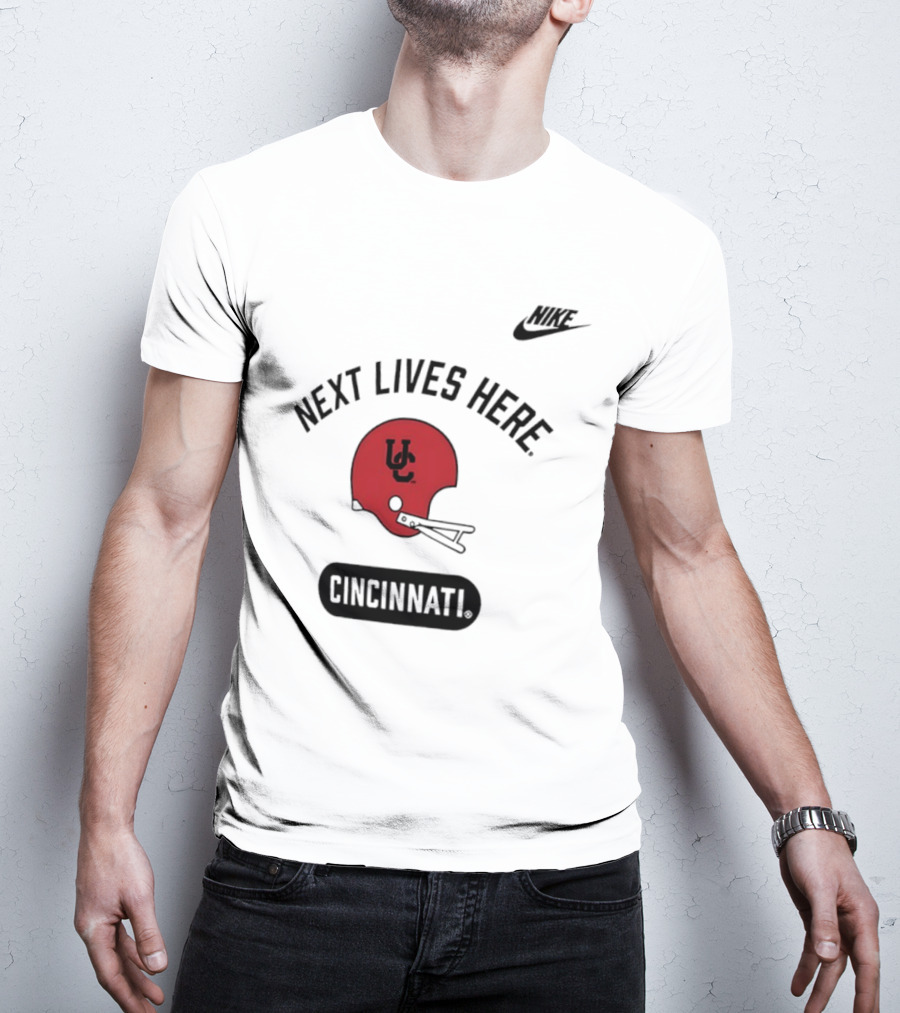 Next Lives Here Cincinnati UC Football Helmet Nike T-Shirt