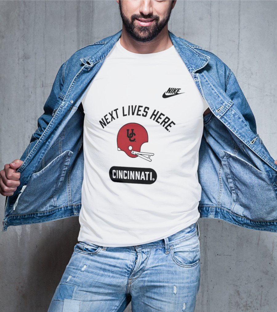 Next Lives Here Cincinnati UC Football Helmet Nike T-Shirt