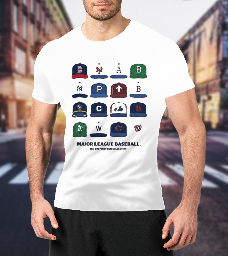 Major League Baseball Cooperstown Collection Cap Collage Featuring Historic Team Logos T-Shirt
