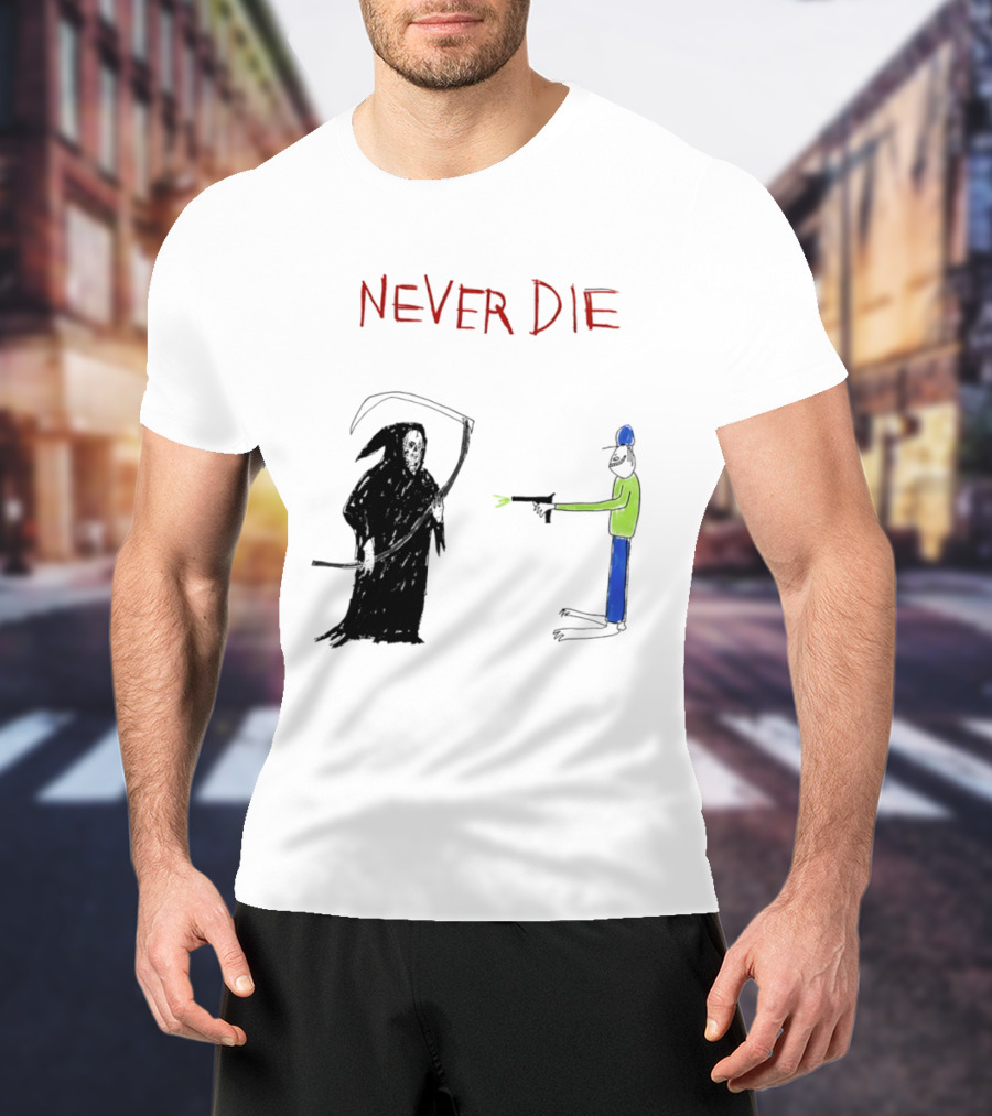 Never Die Grim Reaper Confronts Armed Man Drawing T-Shirt