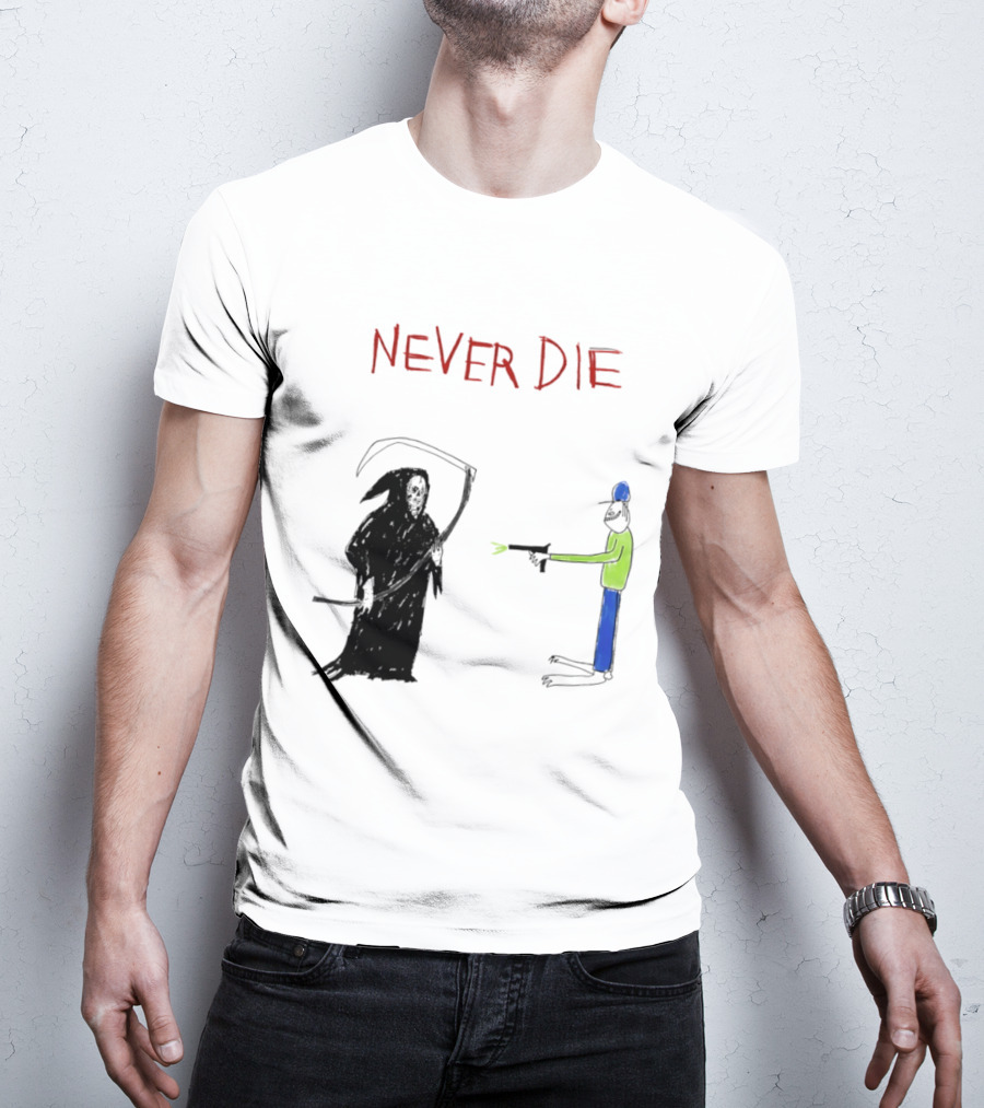 Never Die Grim Reaper Confronts Armed Man Drawing T-Shirt
