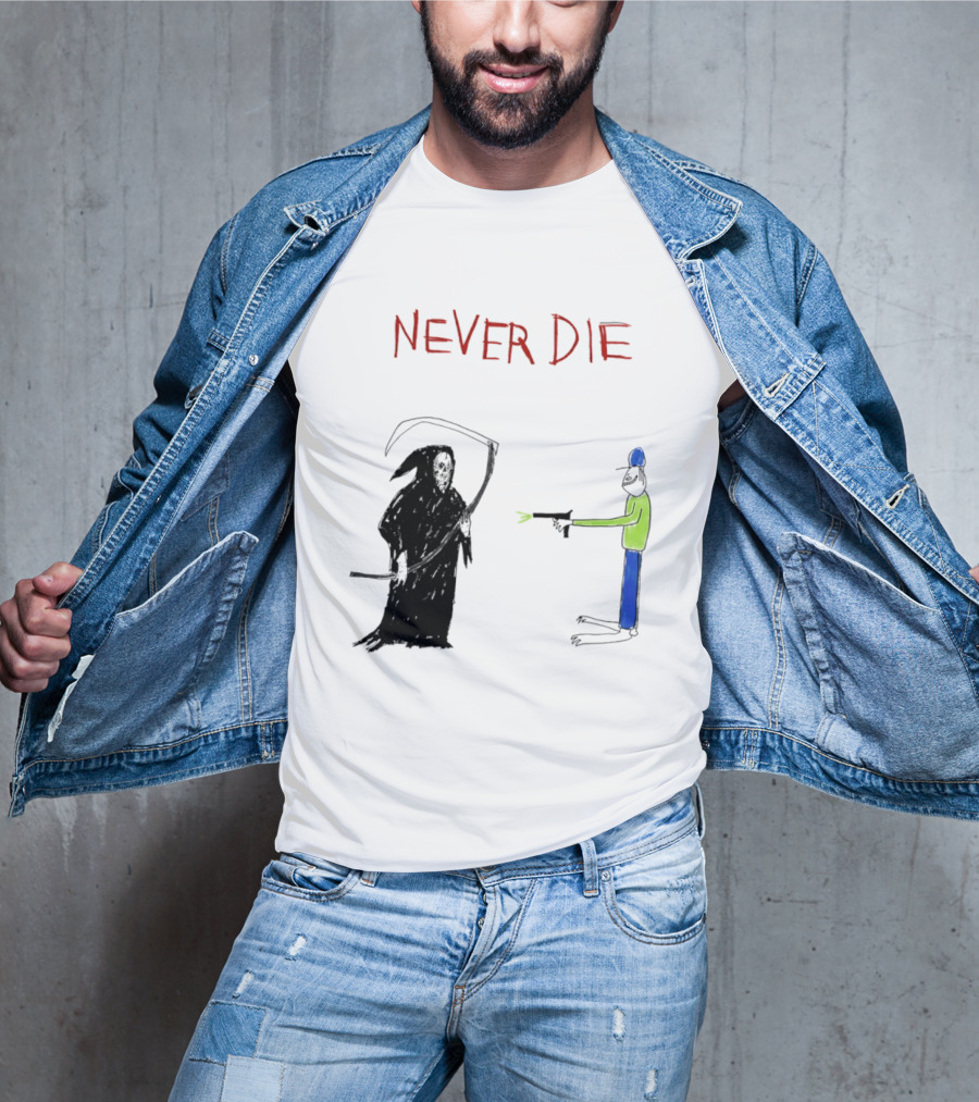 Never Die Grim Reaper Confronts Armed Man Drawing T-Shirt