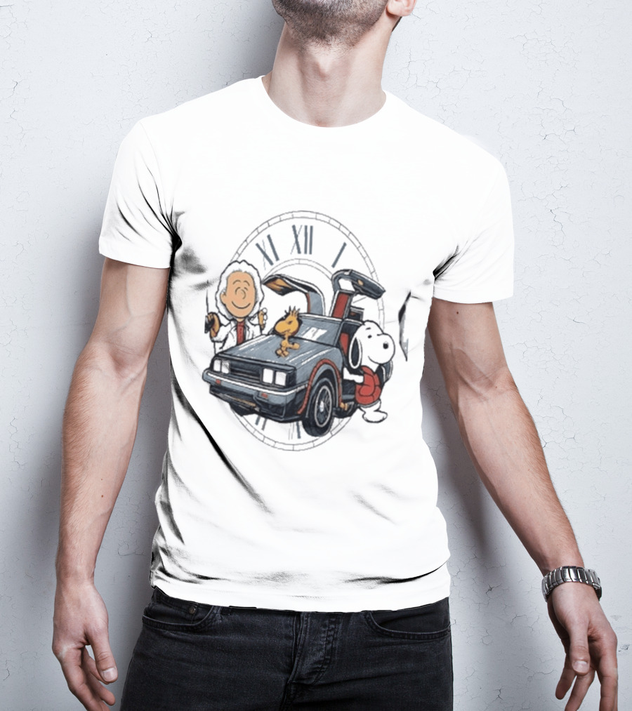Peanuts Characters With DeLorean Time Machine And T-Shirt