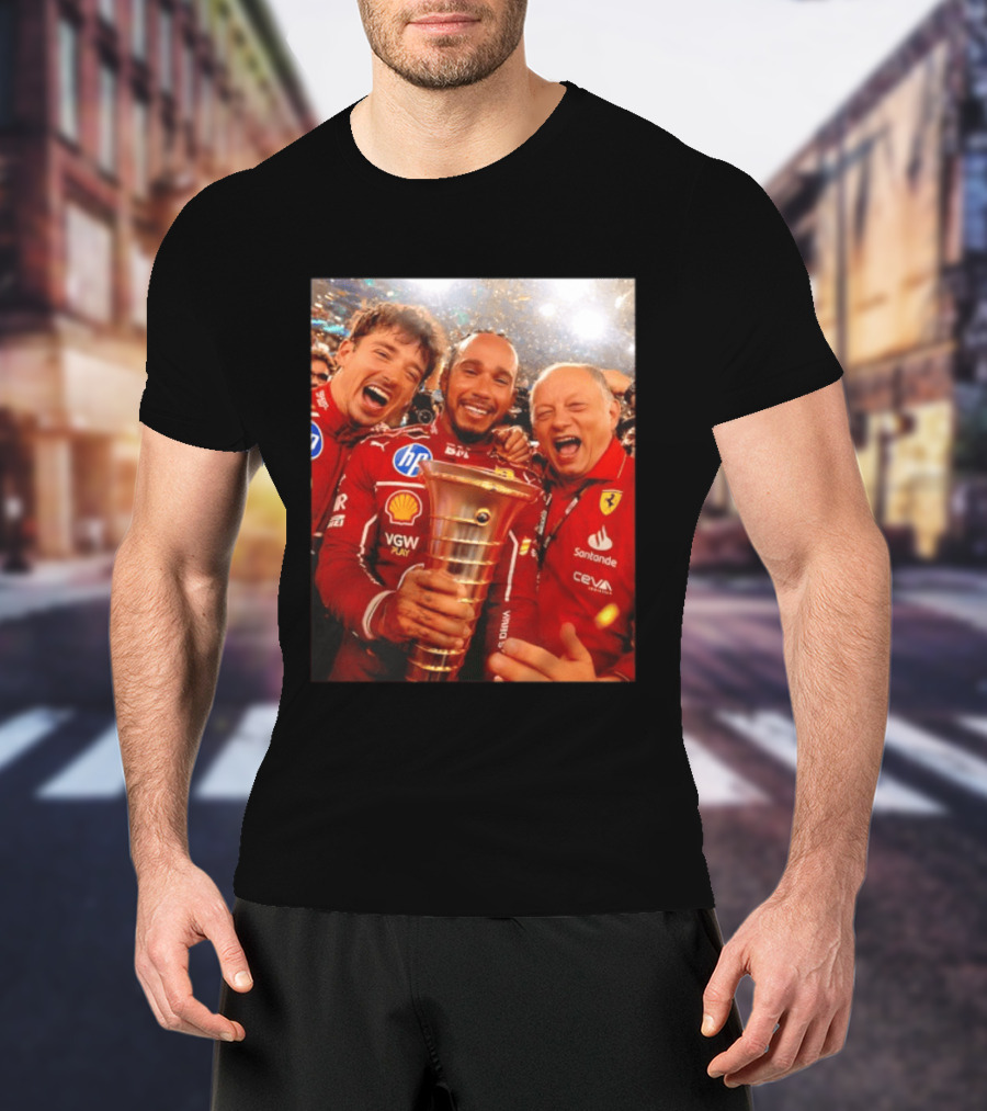 Charles Leclerc Lewis Hamilton Frederic Vasseur Ferrari Victory Celebration Trophy BP Shell Santander CEVA Racing T-Shirt
