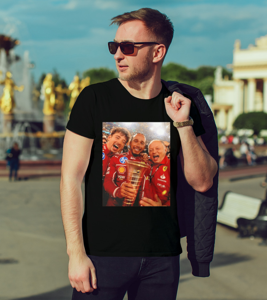 Charles Leclerc Lewis Hamilton Frederic Vasseur Ferrari Victory Celebration Trophy BP Shell Santander CEVA Racing T-Shirt