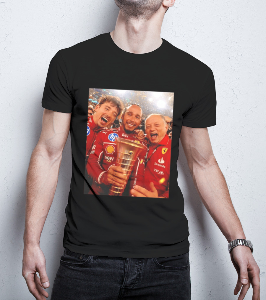 Charles Leclerc Lewis Hamilton Frederic Vasseur Ferrari Victory Celebration Trophy BP Shell Santander CEVA Racing T-Shirt