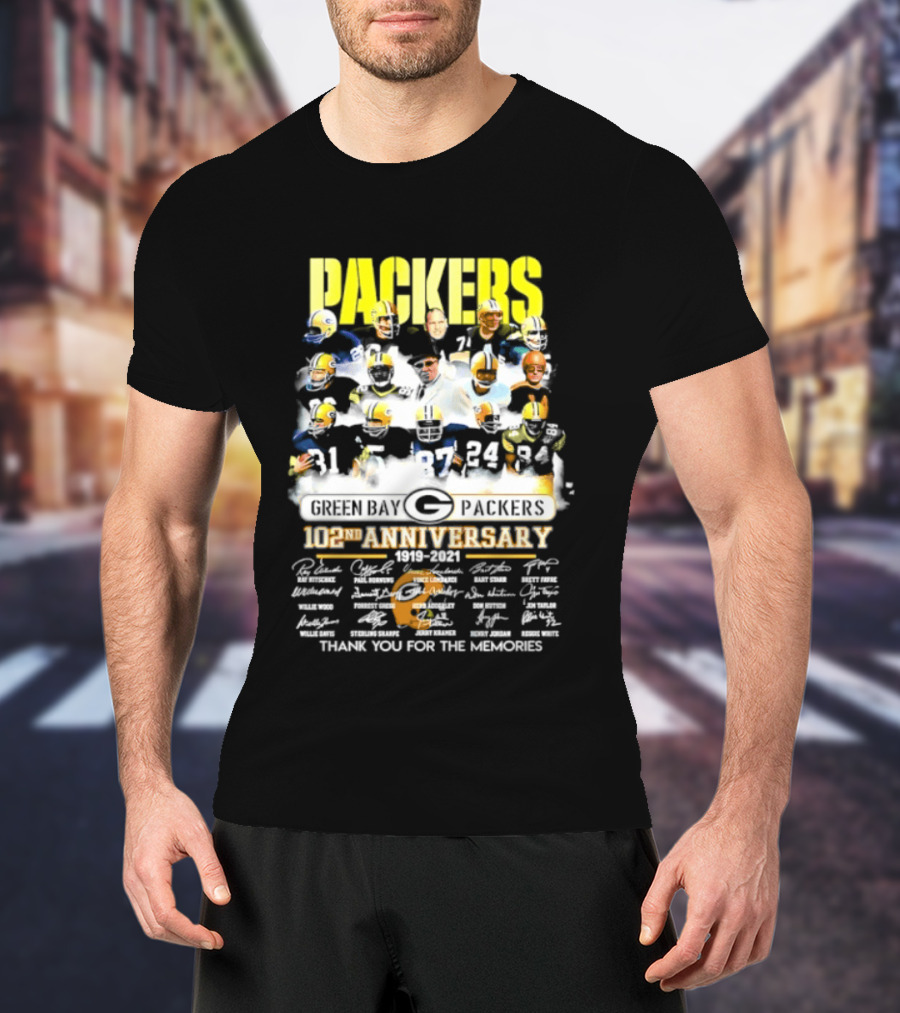 Green Bay Packers 102nd Anniversary 1919 2021 Thank You For The Memories Packers Legends Signatures Collection T-Shirt