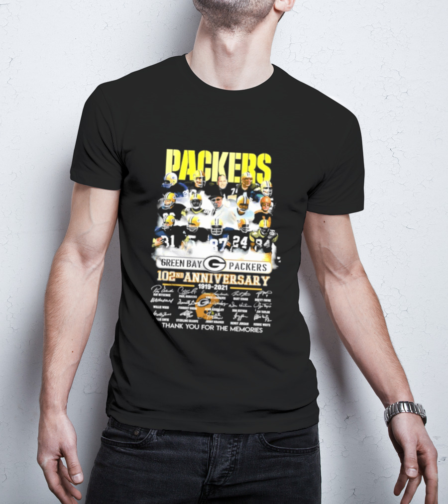 Green Bay Packers 102nd Anniversary 1919 2021 Thank You For The Memories Packers Legends Signatures Collection T-Shirt