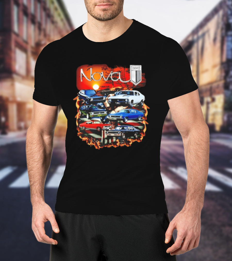 Nova Chevy II American Flag Muscle Car Collection Vintage Sunset T-Shirt