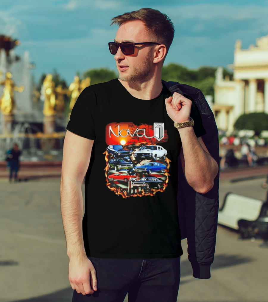 Nova Chevy II American Flag Muscle Car Collection Vintage Sunset T-Shirt