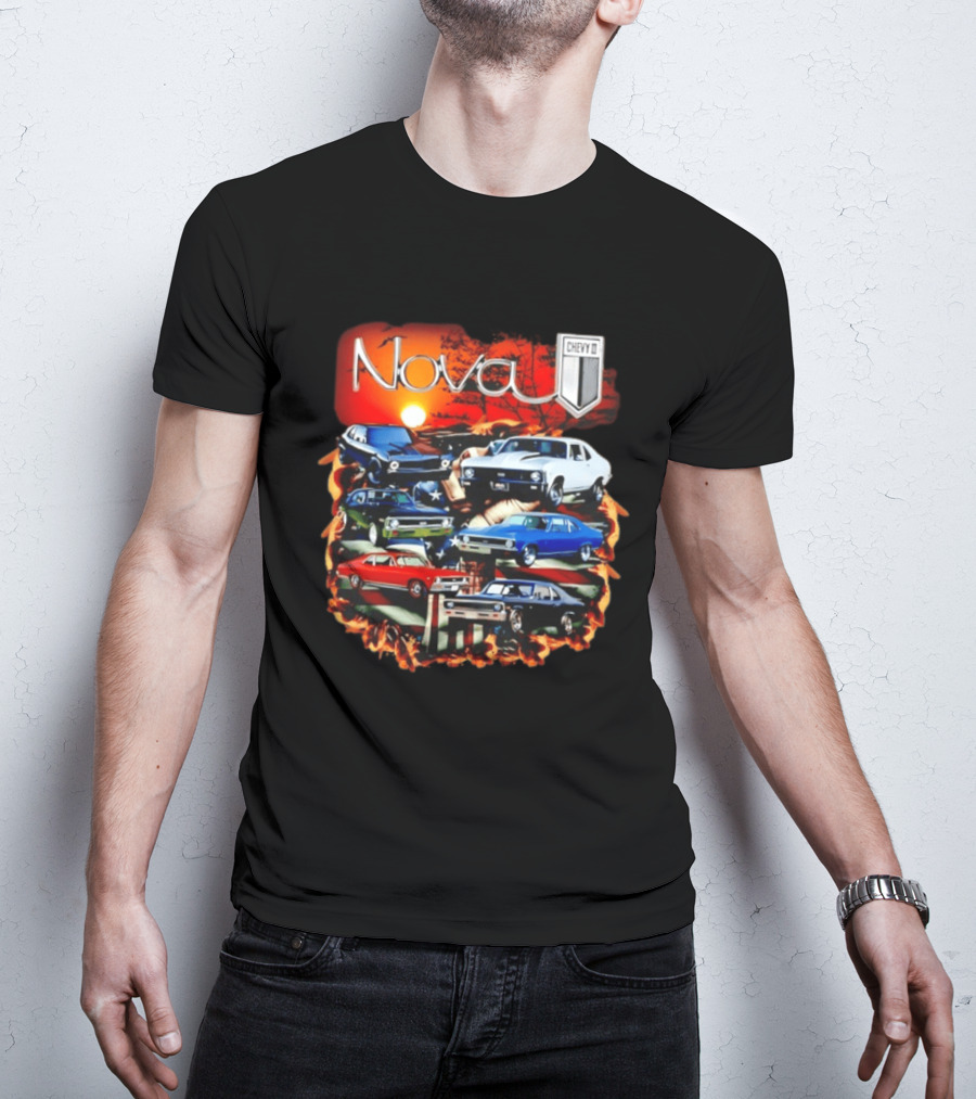 Nova Chevy II American Flag Muscle Car Collection Vintage Sunset T-Shirt