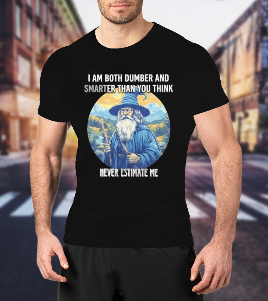 I Am Both Dumber And Smarter Than You Think Never Estimate Me Wizard Blue Robe And Hat Mountain T-Shirt